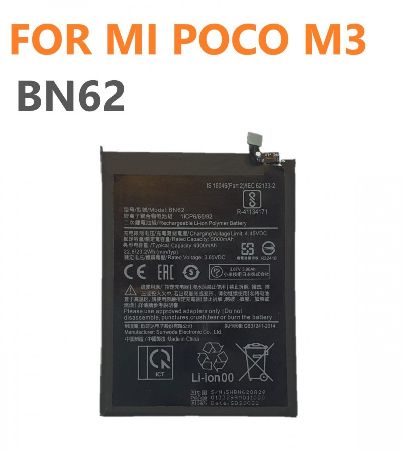 BN62 battery for Xiaomi POCO M3 Redmi Note 9 4G 9T Capacity-6000mAh