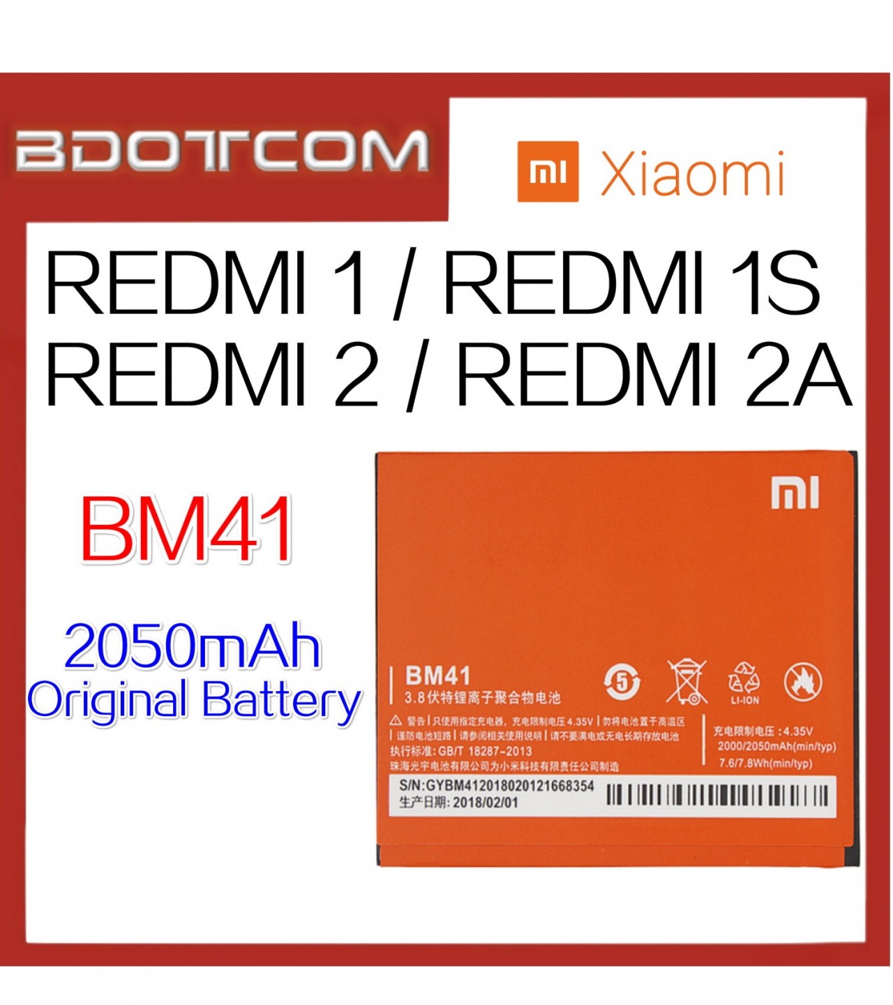 Redmi 1 , Redmi 1s , Redmi 2 , 2A Battery Replacement BM41 Battery with 2050mAh Capacity-Orange