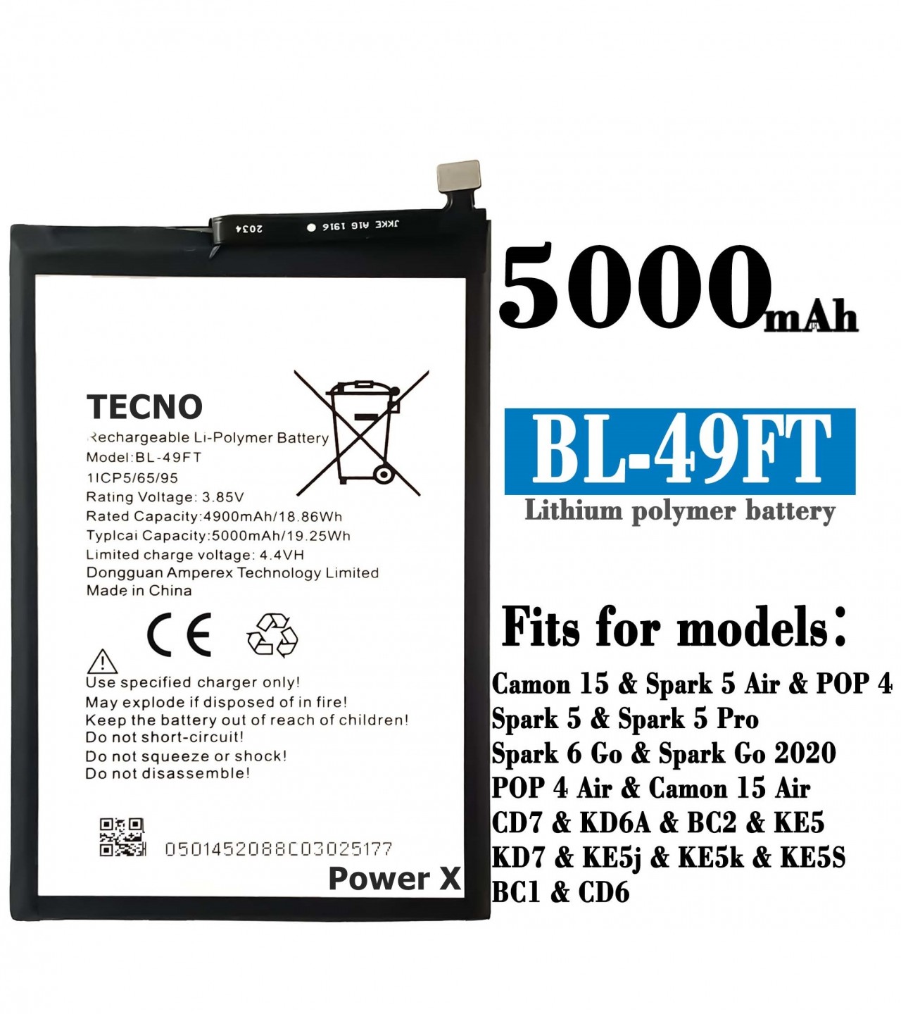 TECNO Camon 15 Air Battery Replacement BL-49FT Battery with 5000mAh Capacity_Silver