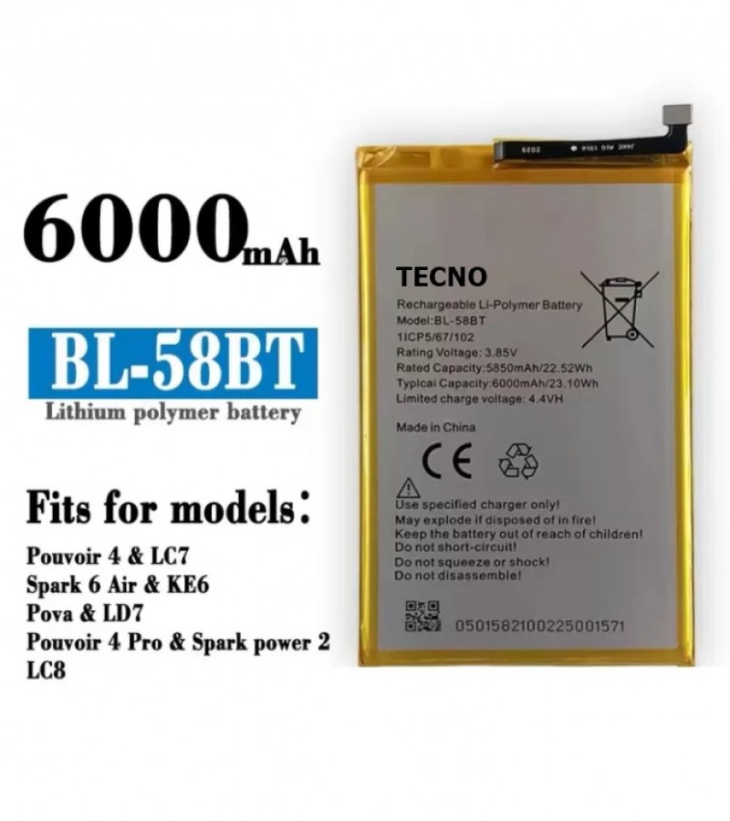 TECNO Pouvoir 4 / Pouvoir 4 Pro Battery BL-58BT Battery with 6000mAh Capacity_Silver