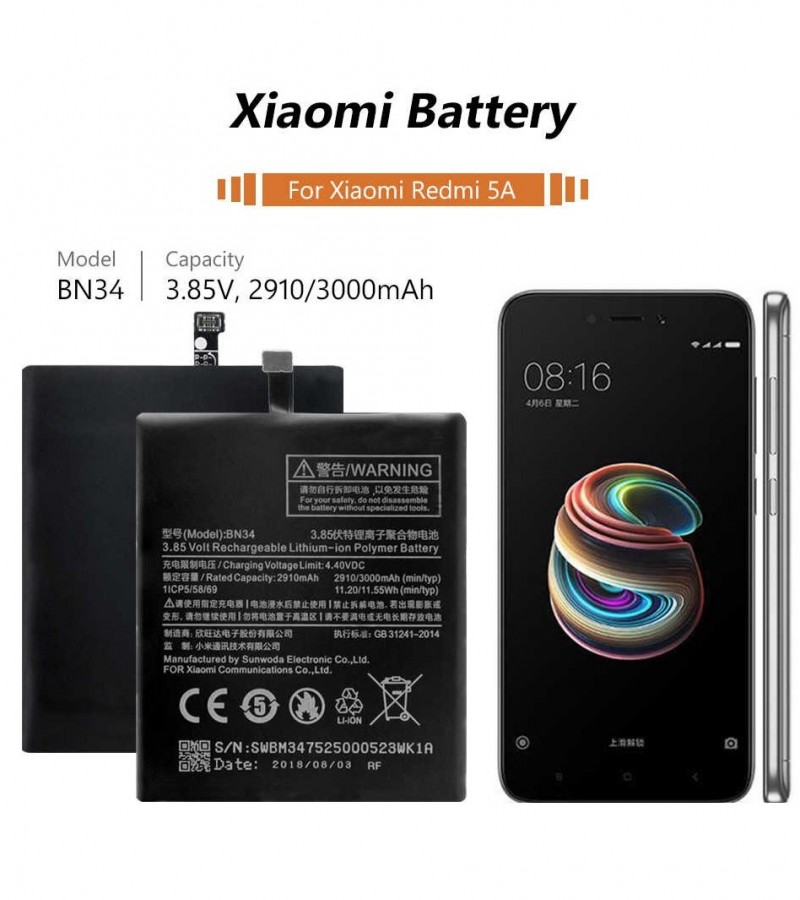 Xiaomi BN34 Battery Replacement For Xiaomi Redmi 5A Battery With 3000mAh Capacity-Silver